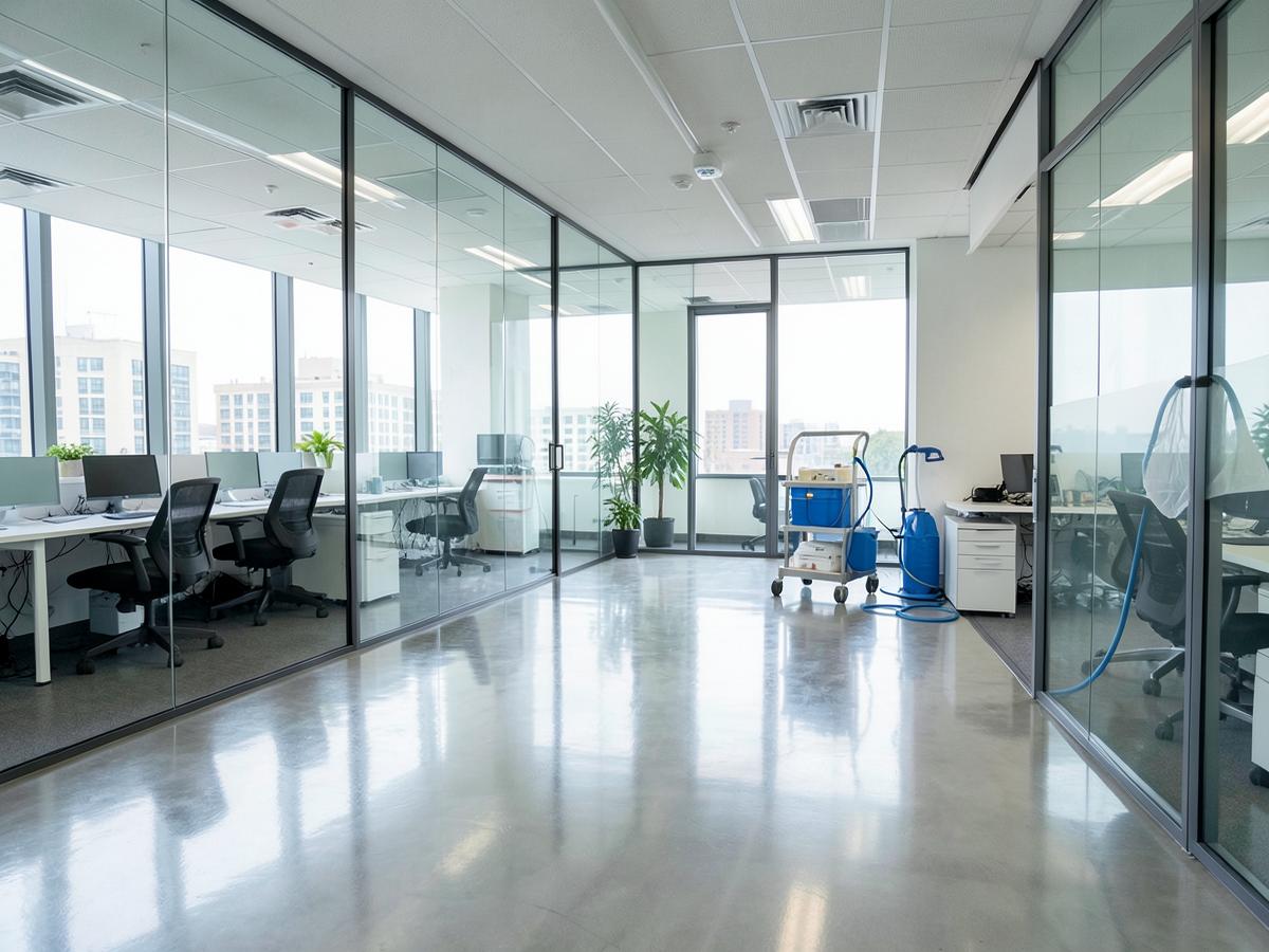 Bright commercial office interior being cleaned by a janitorial crew